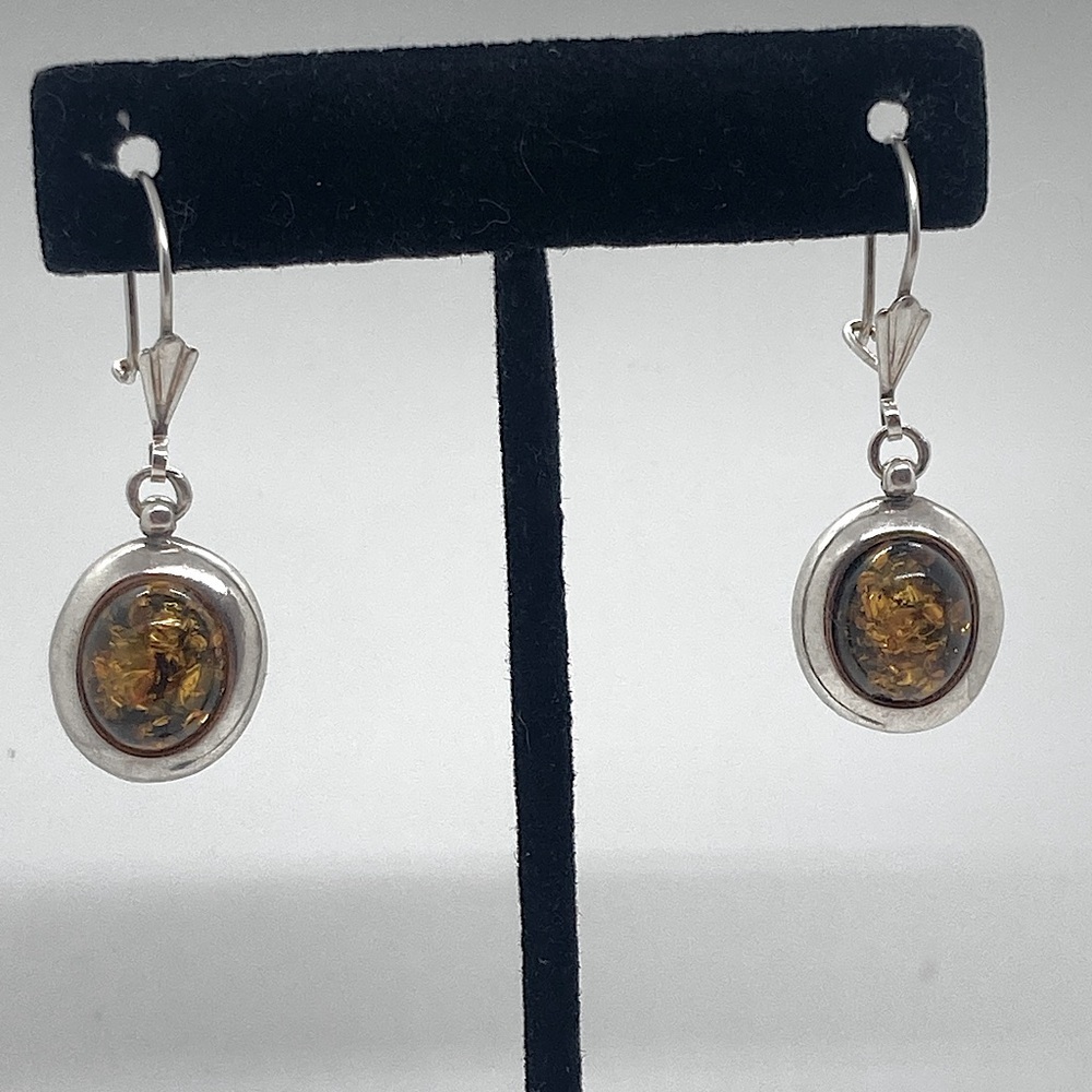 Vtg Sterling & Baltic Amber Oval Dangle Hook Earrings 925 / 1.6”